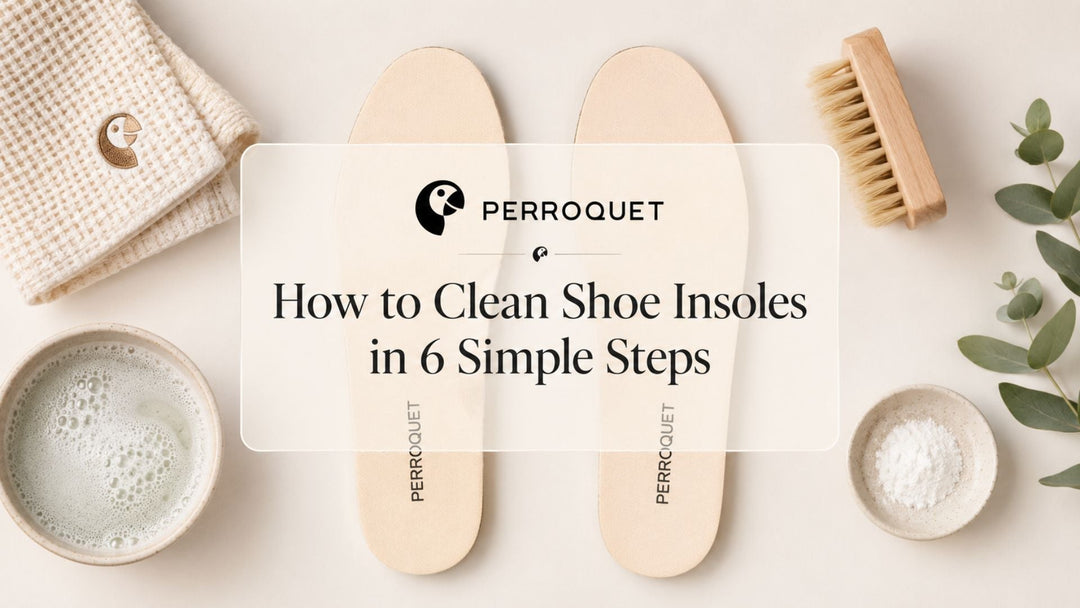  Perroquet shoe insoles arranged on a cream background with a soft brush, soapy water, baking soda, folded cloth, and greenery, centered beneath the title “How to Clean Shoe Insoles in 6 Simple Steps