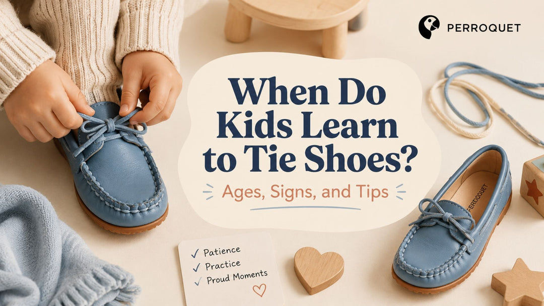 Child practicing shoe tying with Perroquet lace-up shoes and learning tools